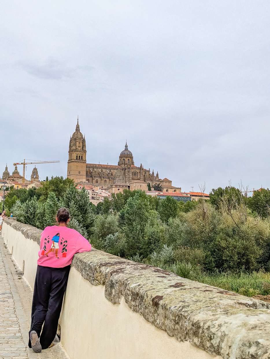 Uitzicht op de kathedraal vanaf Puente Romano de Salamanca