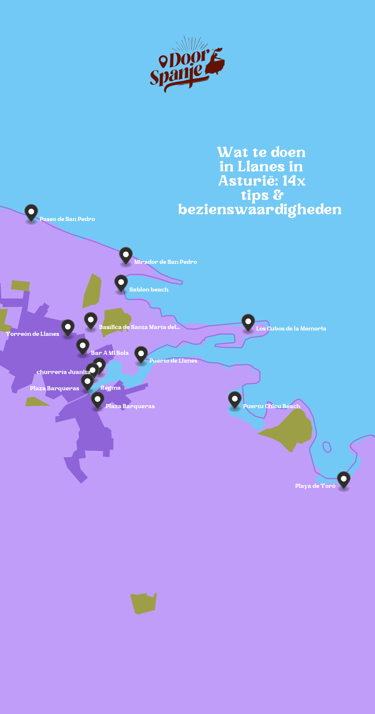 Map of Bezienswaardigheden in Llanes with 14 locations